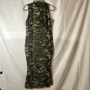 Long camel dress with rushing down the front of the dress